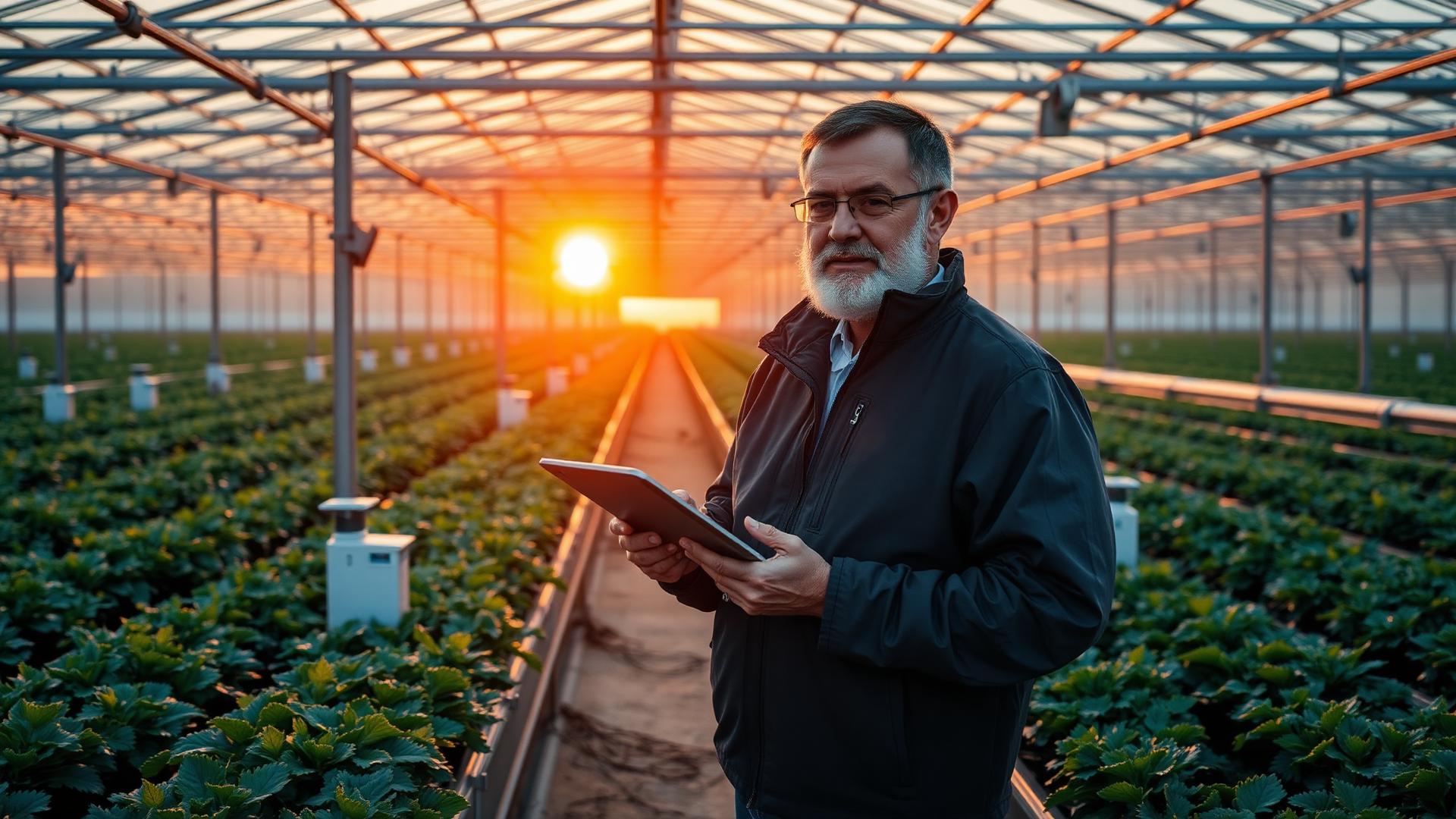 Engineer reviewing IoT sensor data inside a modern commercial greenhouse at sunset